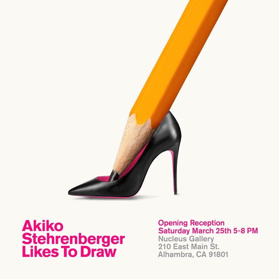 Whimsical art poster featuring a black high heel shoe with a yellow pencil piercing through it, against a neutral background. 