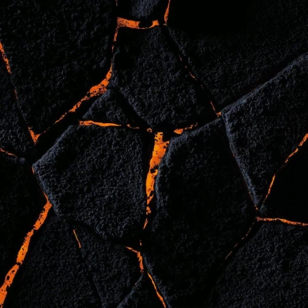 Abstract image of black cracked surface with bright orange glowing fissures, creating a stark contrast between darkness and light.