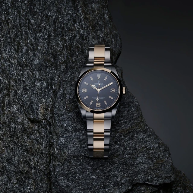 Close-up of a two-tone wristwatch with a black dial and silver and gold band resting on a textured grey rock surface.