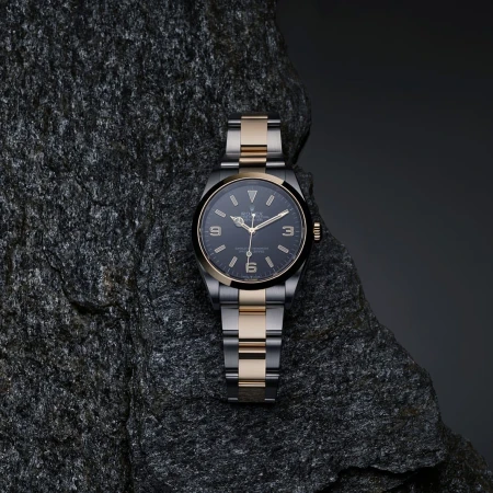 Close-up of a two-tone wristwatch with a black dial and silver and gold band resting on a textured grey rock surface.