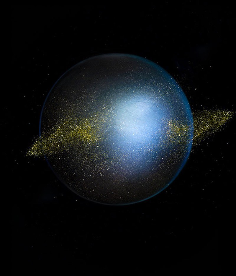 Abstract cosmic background featuring a blue planet with yellow dust ring against black sky. Dark space with artistic textures.