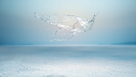 A dynamic splash of crystal-clear water suspended mid-air above a vast, flat salt flat under a clear horizon.
