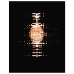 Close-up product photography of a luxury metallic watch with a diamond-set dial captured with multiple exposure effect against a dark background