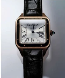Close-up product photograph of a luxury square watch with a silver roman numeral dial and black leather strap against a light grey backdrop.