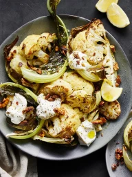 Roasted cauliflower florets and greens on a dark ceramic platter, topped with white cheese, toasted nuts, and fresh lemon wedges.