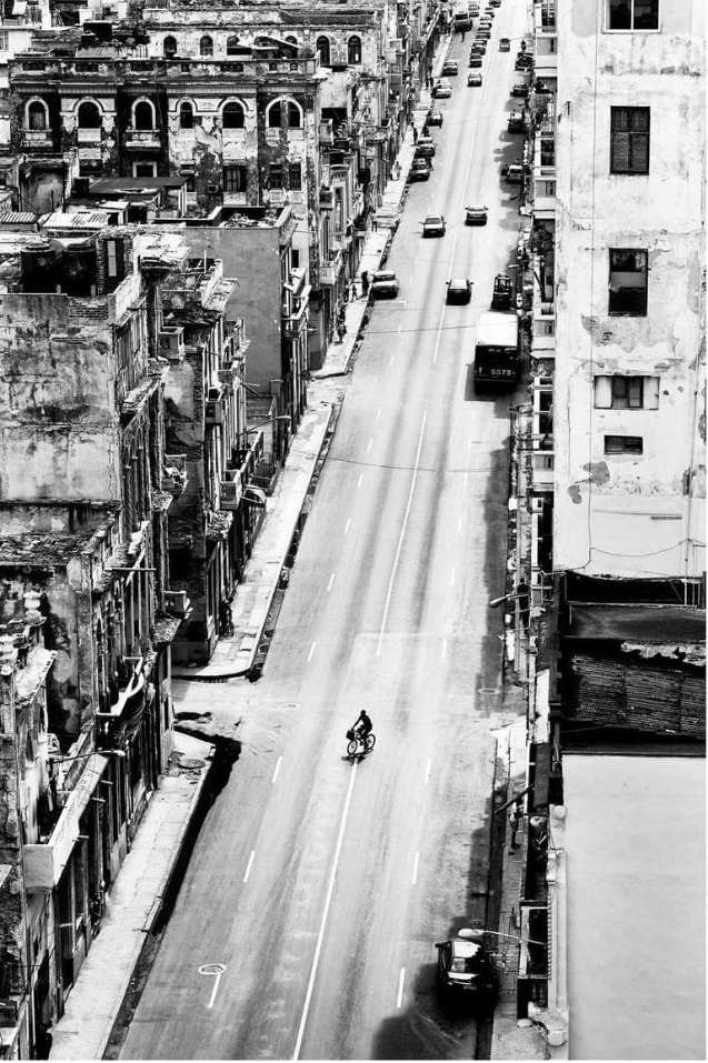 Black and white shot of a cyclist riding on a street lined with vintage cars and old buildings under sunlight in an urban setting.