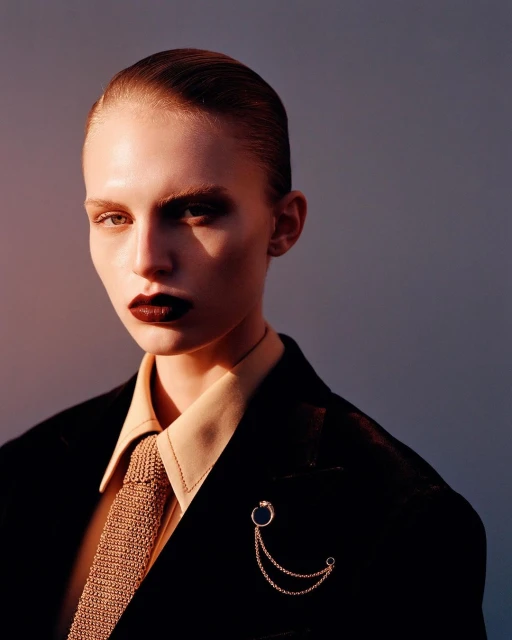 Close-up of a stylish adult female in a black suit and tie, with dark lipstick and slicked-back hair, posing against a muted background.