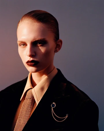 Close-up of a stylish adult female in a black suit and tie, with dark lipstick and slicked-back hair, posing against a muted background.