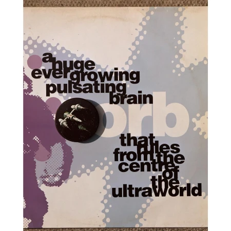 Album cover art with text reading, 'a huge ever growing pulsating brain orb that lies from the centre of the ultra world'.