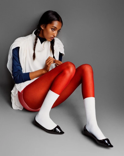 A woman with braids sits against a gray wall in red tights, white socks, and black shoes, wearing a white top and navy blue long-sleeve shirt.
