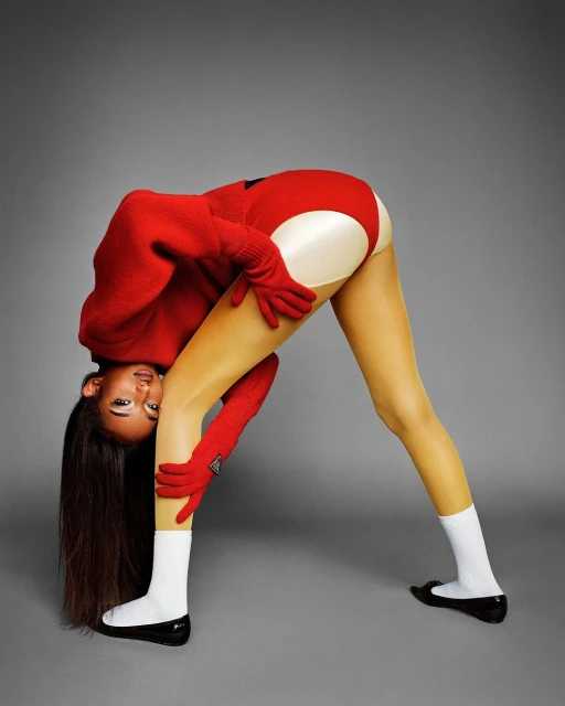 Young woman in red bodysuit and socks bends backwards in a studio. Long brunette hair falls forward. Grey background. Fashion shoot.