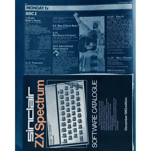 Vintage TV guide features 1982 BBC programs and a Sinclair ZX Spectrum software catalogue for retro computing enthusiasts.