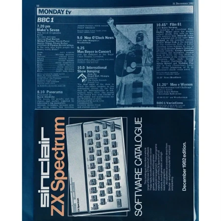 Vintage TV guide features 1982 BBC programs and a Sinclair ZX Spectrum software catalogue for retro computing enthusiasts.