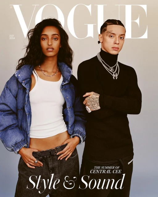 Vogue magazine cover featuring a woman in a denim jacket and a man in a black turtleneck, promoting the Style & Sound of Central Cee.