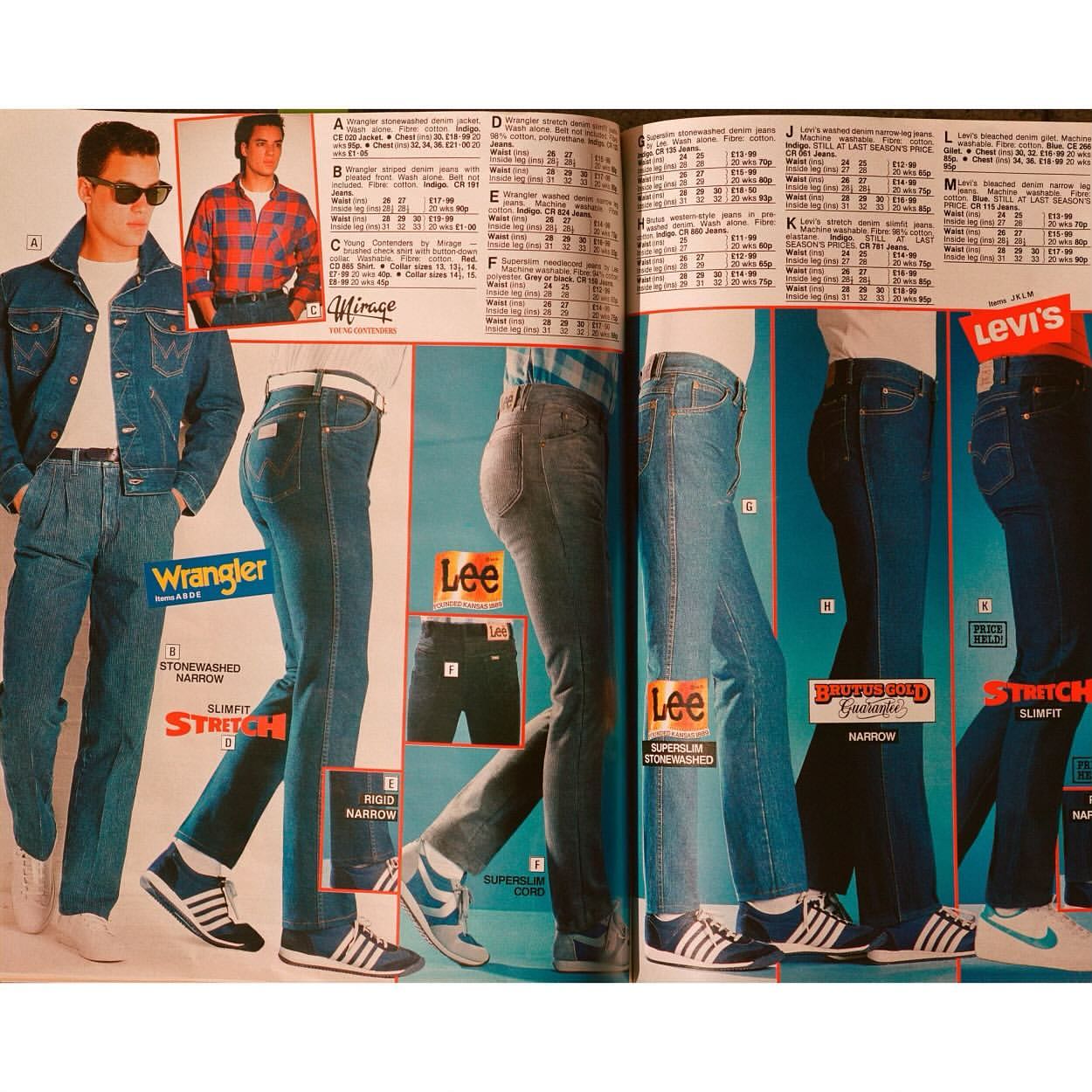 Vintage print advertisement featuring models wearing Wrangler, Lee, and Levi's denim jeans and jackets, showcasing 1980s fashion.