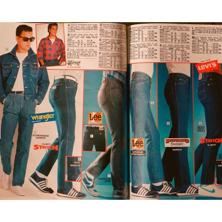 Vintage print advertisement featuring models wearing Wrangler, Lee, and Levi's denim jeans and jackets, showcasing 1980s fashion.