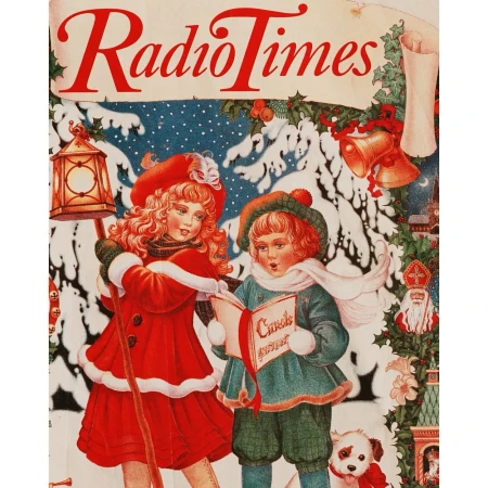 Illustration of two children caroling from a songbook, wearing winter hats, in front of a snowy and festive Christmas scene.