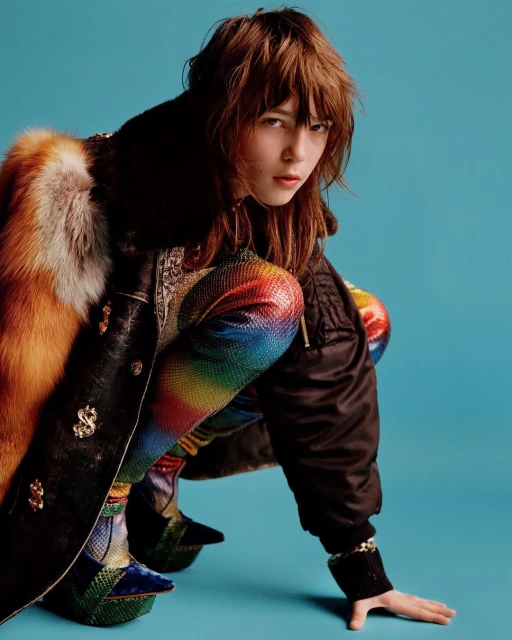 A young adult poses in colorful fashion, including rainbow pants and a black jacket with fur trim, against a solid turquoise background.
