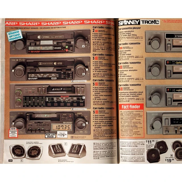 Vintage car audio equipment catalog featuring various Sharp car radio cassette players and speaker sets, showcasing a retro automotive tech aesthetic.