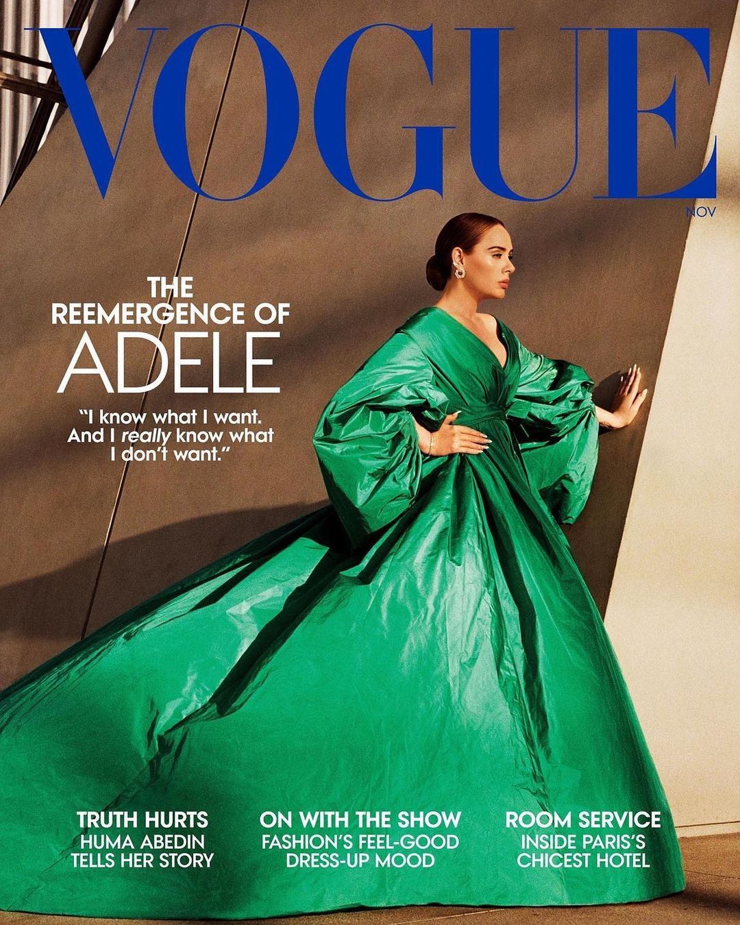 Adele on the cover of Vogue Magazine wearing a green dress, positioned on the right side against a neutral backdrop with bold magazine text.