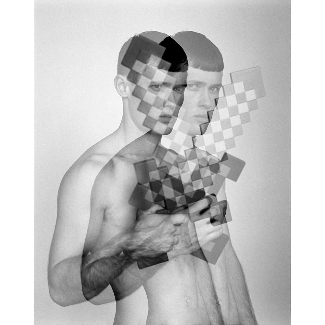 Black and white multiple exposure image of a shirtless adult man with a patterned overlay holding his chest, studio shot.