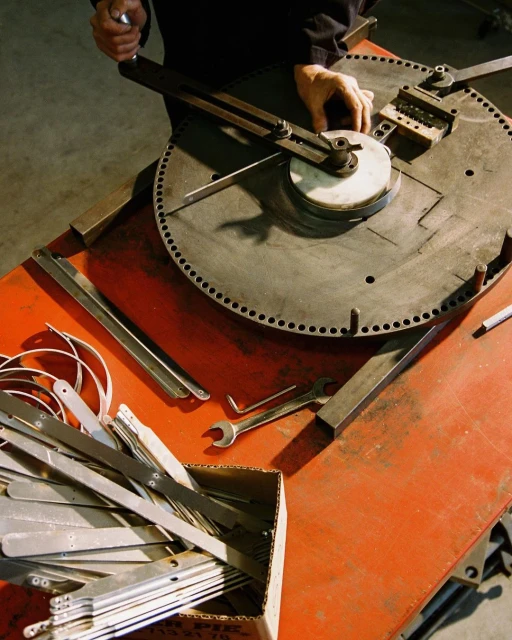 Metal worker bending metal with machine in workshop. Industrial scene of metal bars, tools, and equipment on work bench.