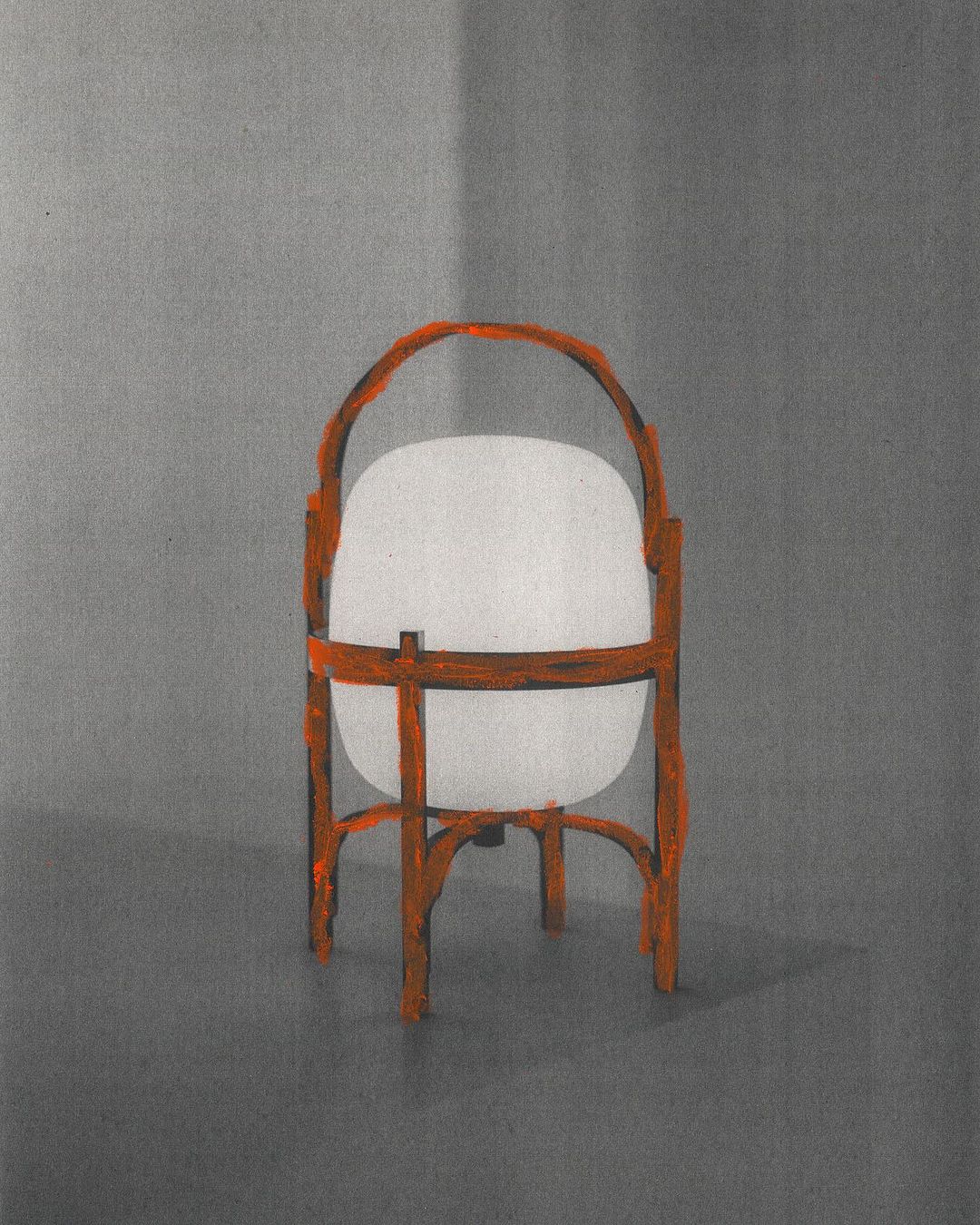 Illustration of a glowing orb light on a copper metal stand, set against a gray background with soft shadows, evokes artistic minimalism.