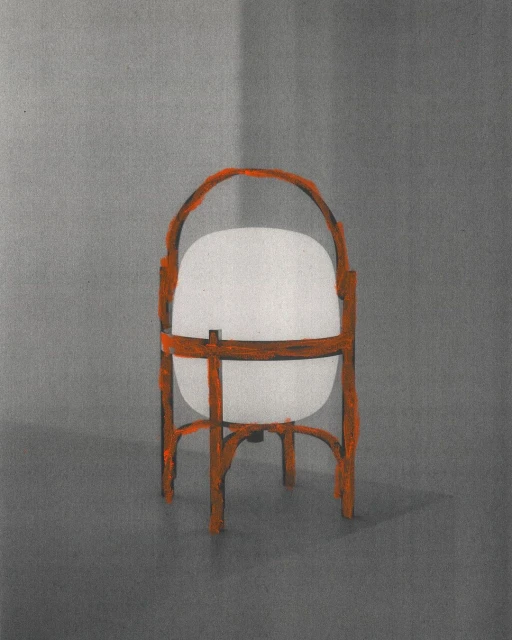 Illustration of a glowing orb light on a copper metal stand, set against a gray background with soft shadows, evokes artistic minimalism.