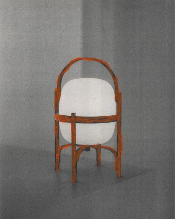 Illustration of a glowing orb light on a copper metal stand, set against a gray background with soft shadows, evokes artistic minimalism.