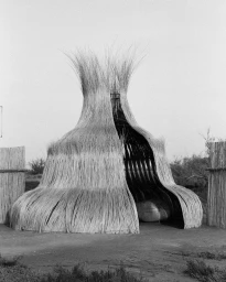 Black and white photograph of a large woven reed structure outdoors by photographer Alba Yruela