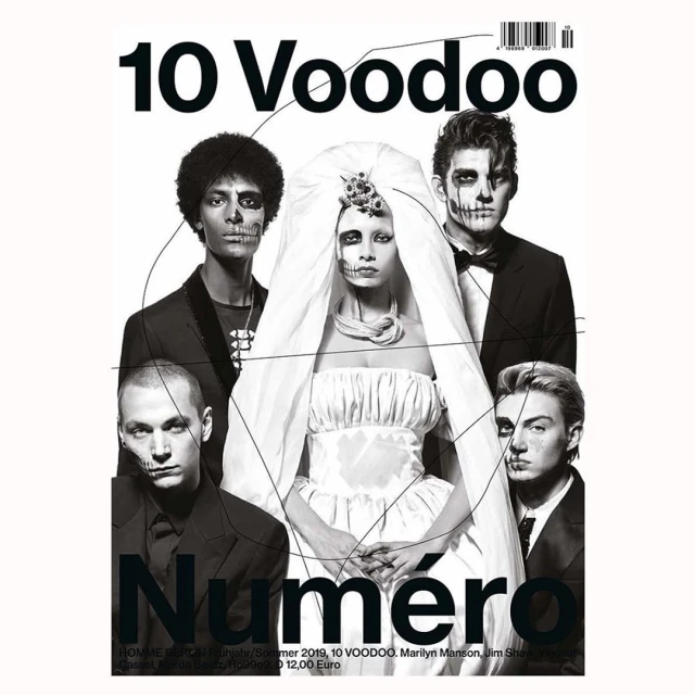 Magazine cover featuring a group of models with stylized makeup and formal attire. The cover includes the text "10 Voodoo" and "Numero".