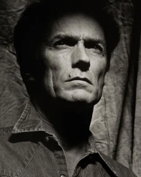 Portrait of Clint Eastwood wearing a denim shirt in dramatic chiaroscuro lighting by photographer Albert Watson