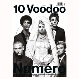 Black and white editorial cover featuring five models with skull face makeup and a central bride in a white gown by Albert Watson