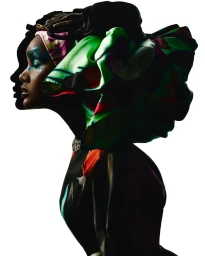 Profile portrait of a Black model with glittering teal eyeshadow wearing a vibrant patterned silk headwrap against a bright white background