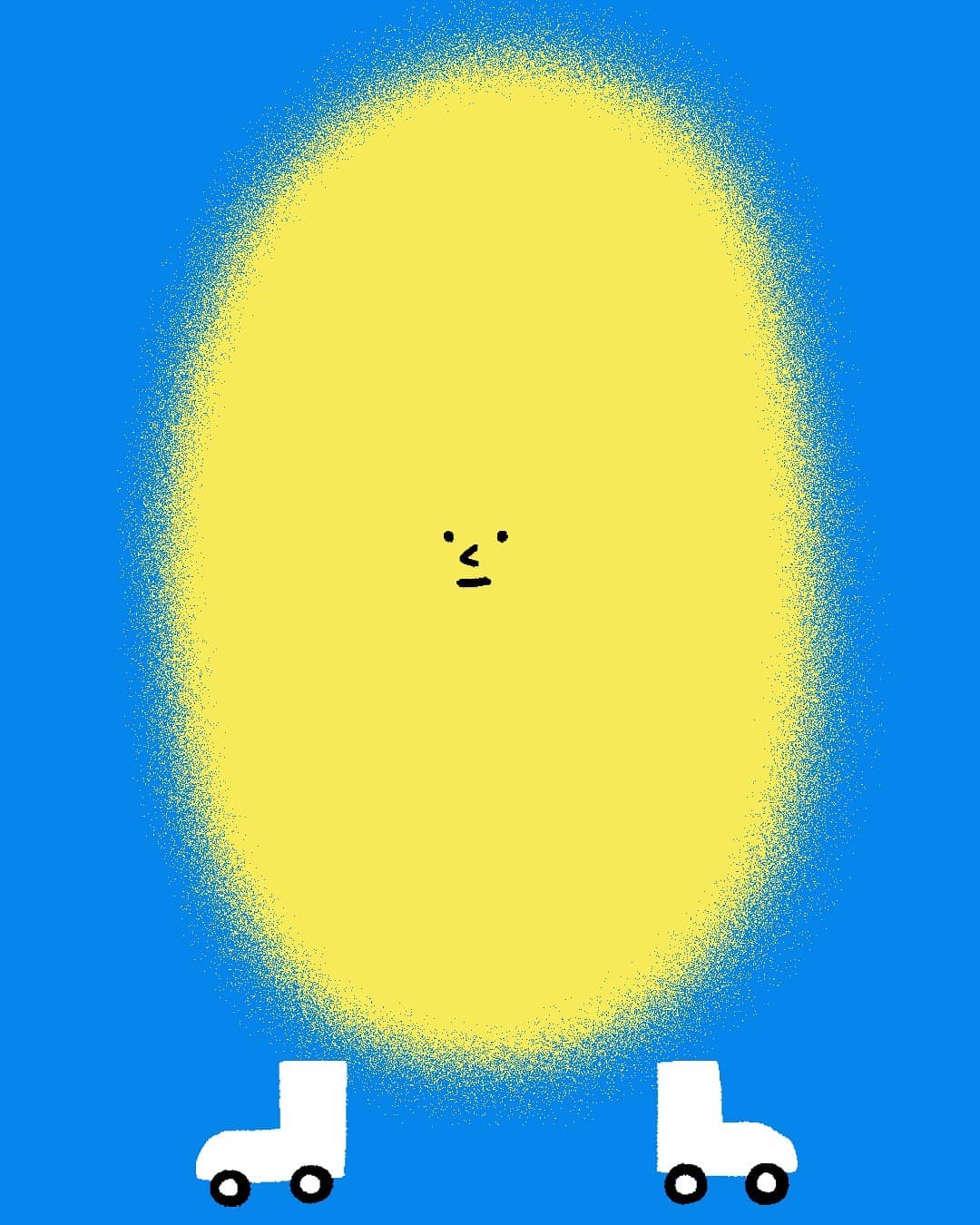 Stylized whimsical cartoon illustration of a large yellow oval with a face and roller skates against a blue background.