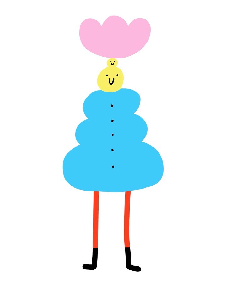 Stylized cartoon illustration of a whimsical character with a yellow head, blue body, red legs, and a pink flower hat.