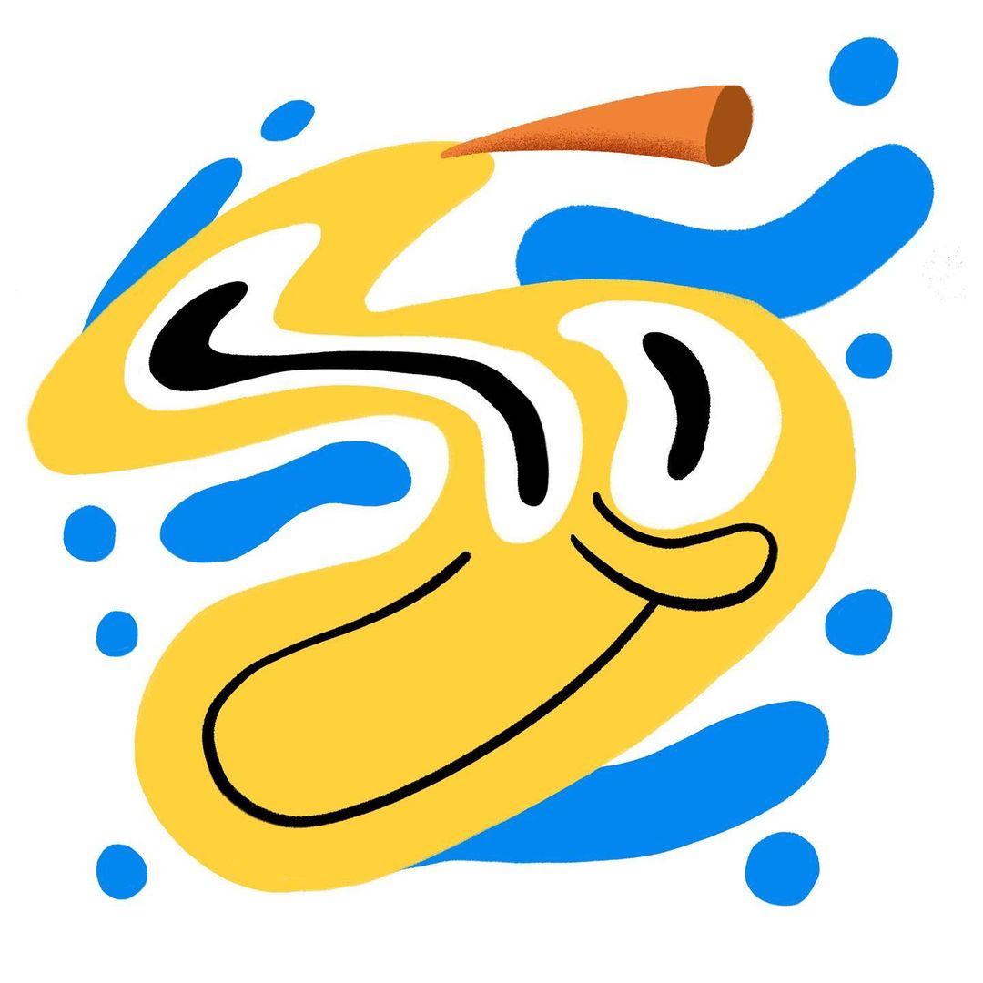 Whimsical yellow cartoon character illustration with blue abstract shapes and an orange cone on a white background.