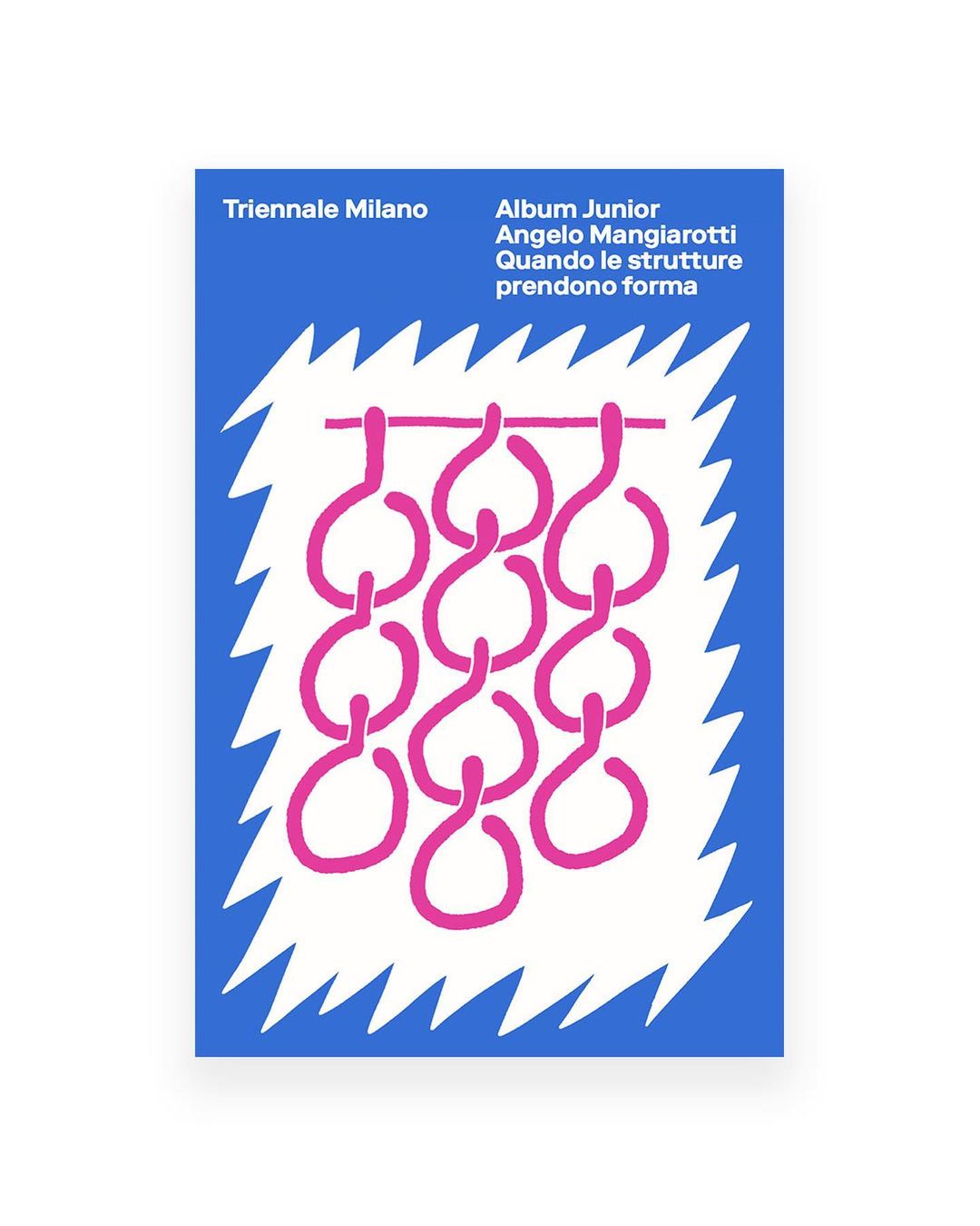 Album Junior poster design with pink looped chain graphic on a white background with a blue border.