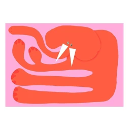 An illustrated orange creature with multiple limbs and white tusks against a solid pink background by Alberto Lot.