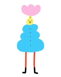 Quirky digital illustration of a character with a blue tiered body, yellow head, and large pink flower hat by Alberto Lot