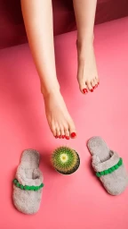 Bare feet with red nail polish hovering over a small potted cactus flanked by two grey fluffy slippers on a pink background.