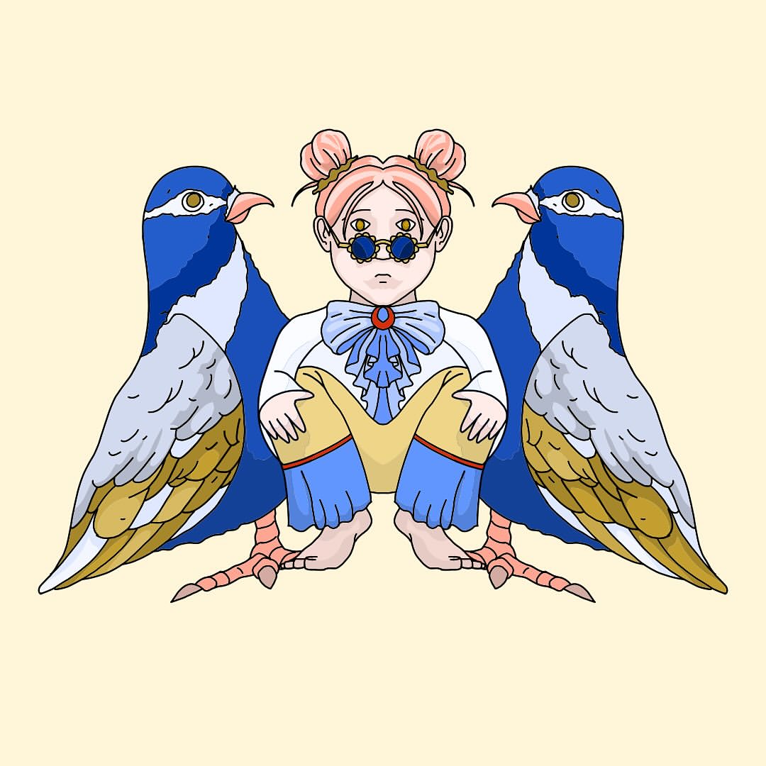 Illustration of a child with pink hair sitting between two large birds with blue and grey feathers, set against a peach background.