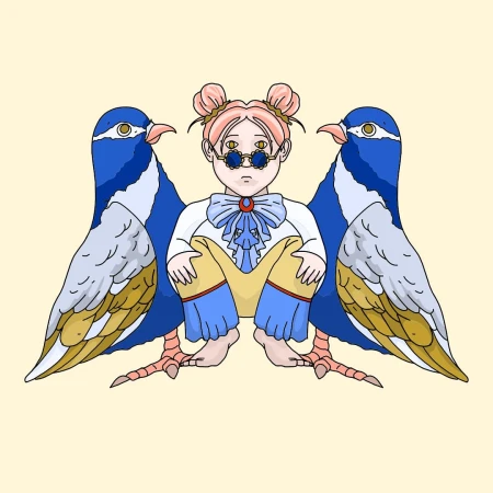 Illustration of a child with pink hair sitting between two large birds with blue and grey feathers, set against a peach background.