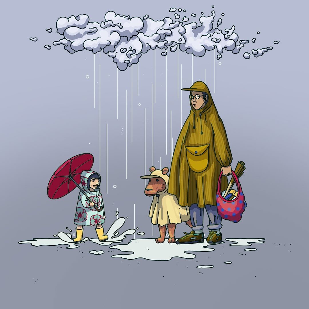 Illustration of a child with a red umbrella walking through puddles with an adult and a dog in raincoats under a rain cloud.