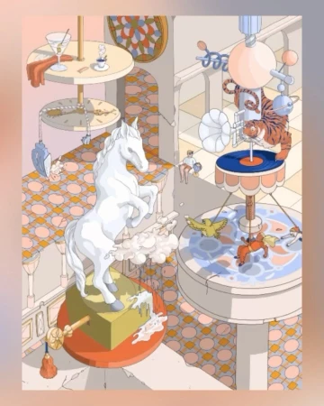 Isometric illustration of a white horse statue on a platform, surrounded by fantasy elements like tigers, birds, and architectural details.