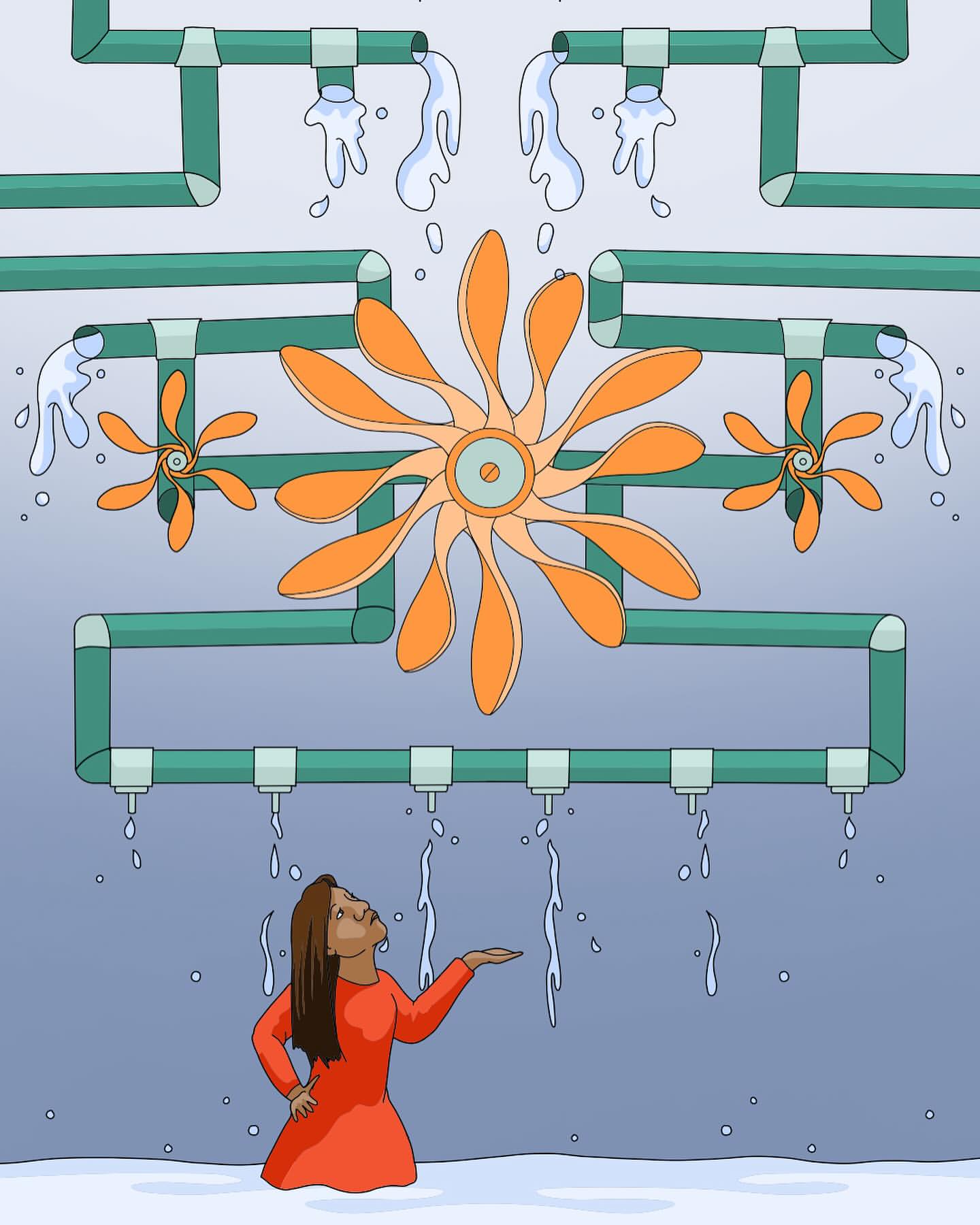 Illustration of a woman in an orange dress looking up at water dripping from pipes with orange flower-shaped objects attached.