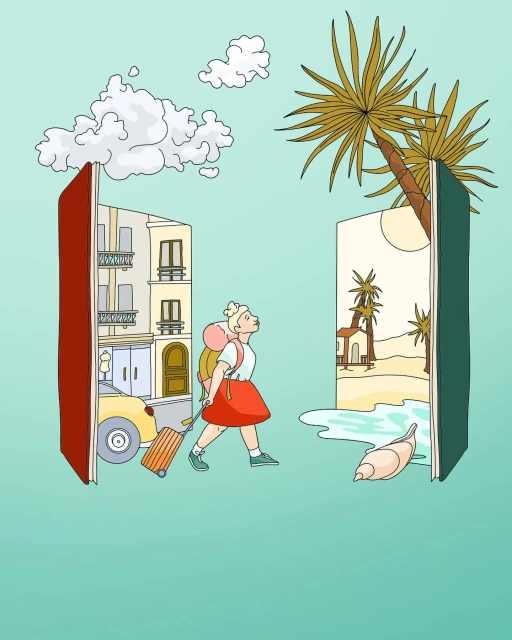 Illustration of a young woman traveling between city and beach scenes contained within an open book, wearing a backpack and pulling luggage.