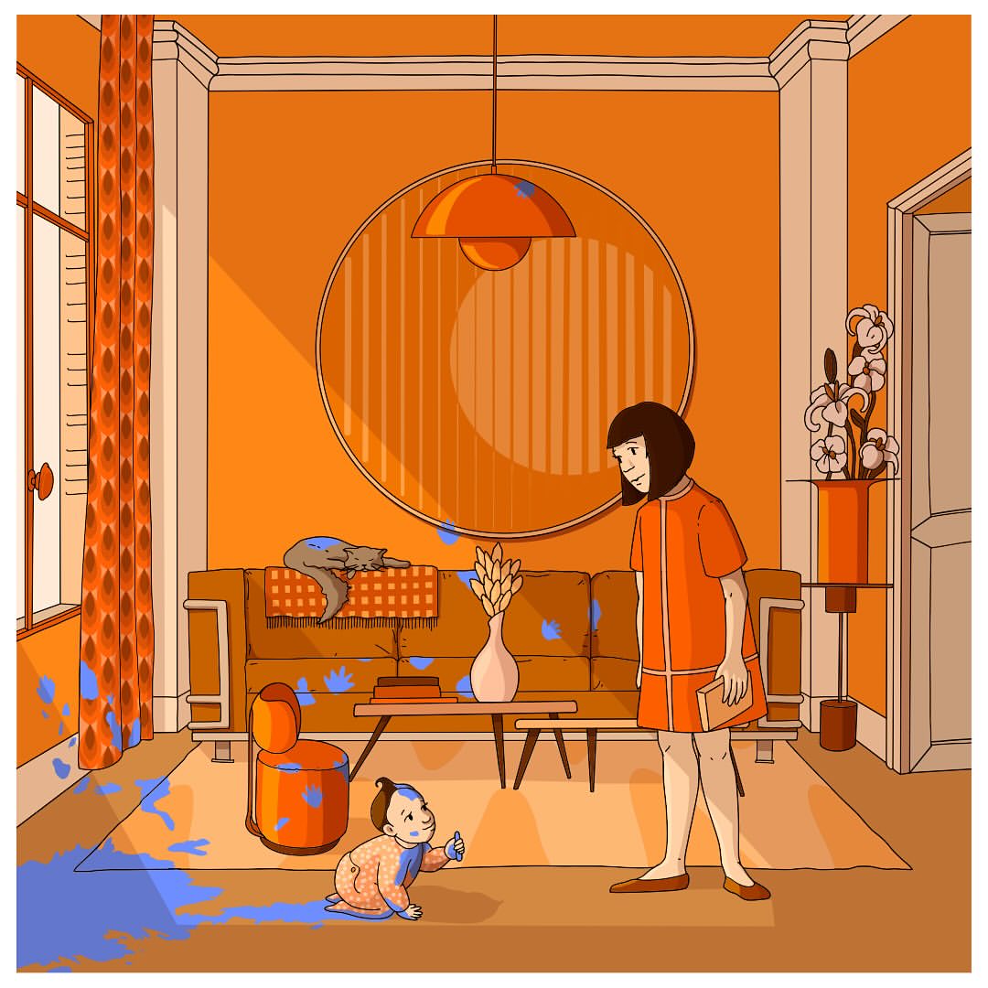 Illustration of a domestic interior with a baby and woman, orange walls, couch, window, rug, cat, and blue paint splatters.