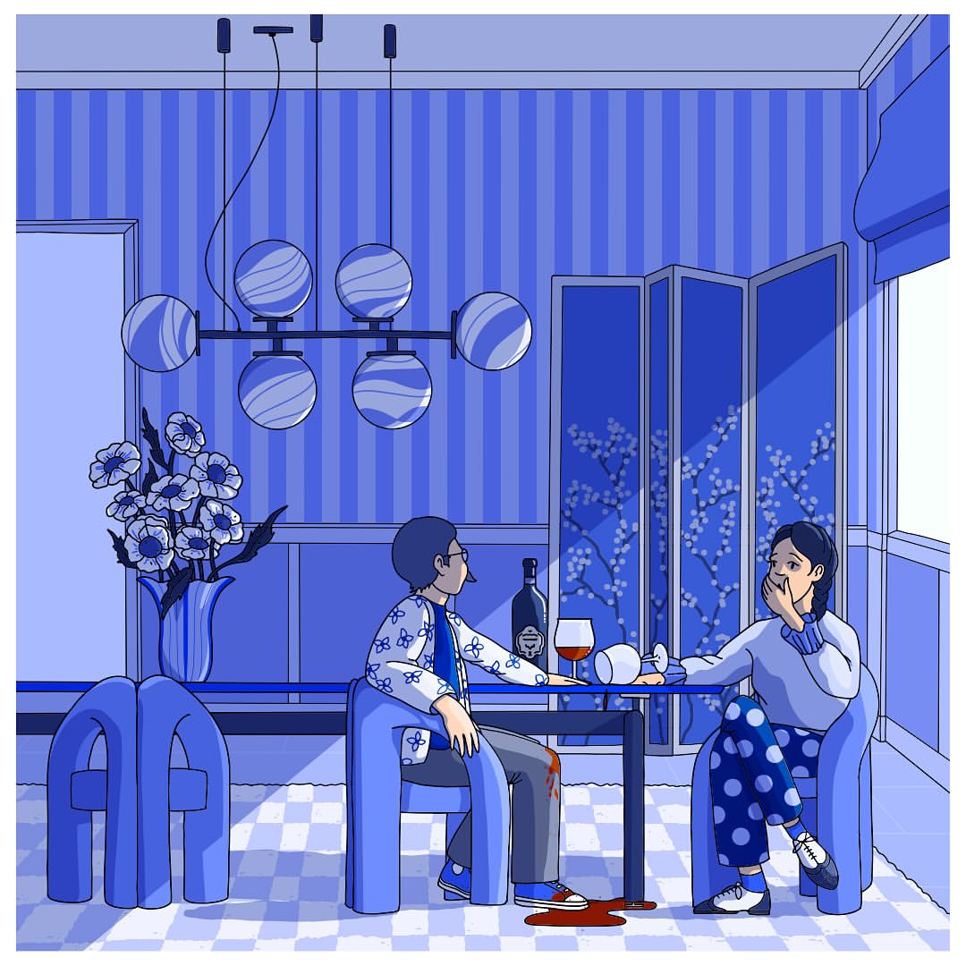 Illustration of a man and woman seated at a table in a blue-toned room with modern decor and a spilled wine glass on the floor.