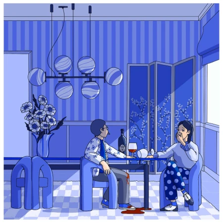 Illustration of a man and woman seated at a table in a blue-toned room with modern decor and a spilled wine glass on the floor.
